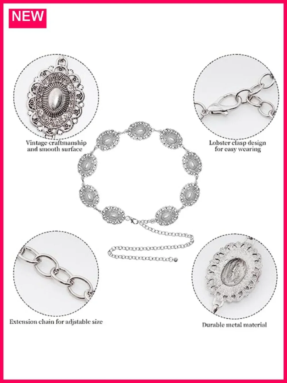 Western Oval Concho Chain Belt for Women Metal Waist Chain Belt Dresses Jeans